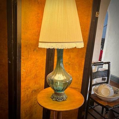 Vintage mid-century lamp with blue glass base and antique 5-panel screen with European scenes