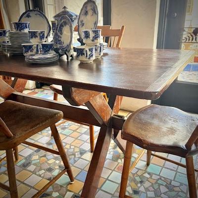 Antique trestle table and four chairs