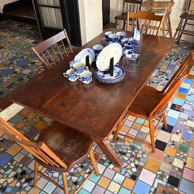 Antique trestle table and four chairs