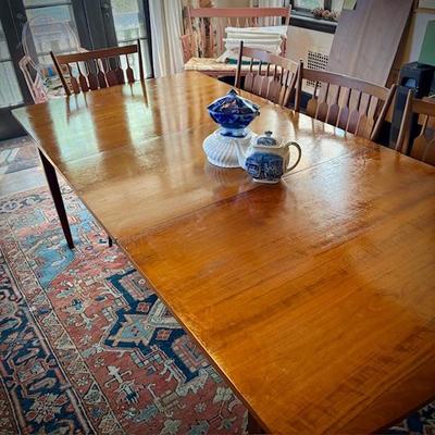 c. 1960 Drexel MCM dining table and four chairs. Shown with TWO leaves inserted.