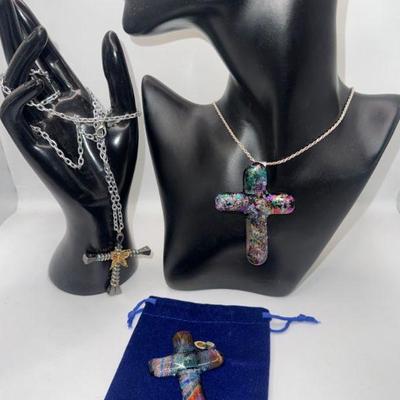 925 Silver 12” Chain, Two Dichroic Glass Crosses, And Vintage Two TOned Metal Cross
