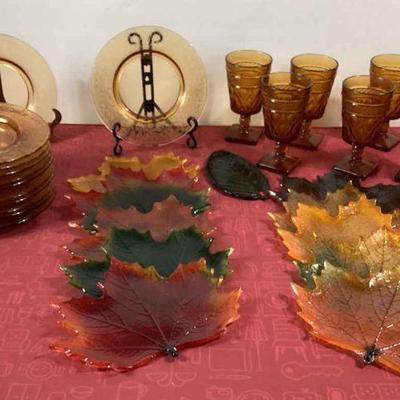 MCM Amber Goblets , Canary Glass Plates, And Maple Leaf Glass Colored Plates