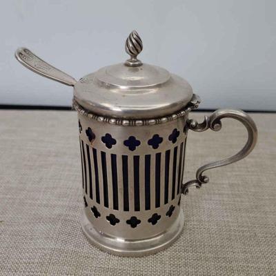 Sterling Silver Serving Mustard Pot With Colbalt Blue Glass Insert And Sterling Silver Spoon