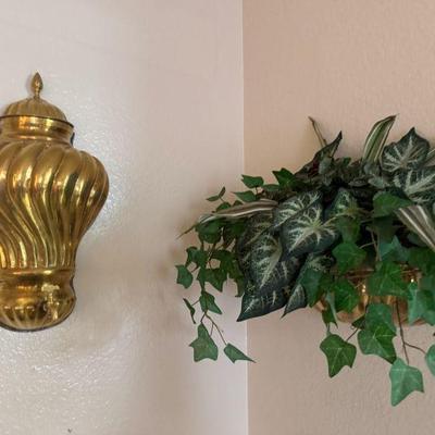 MCM Brass Wall Fountain And Plant Holder W/ Faux Plant

