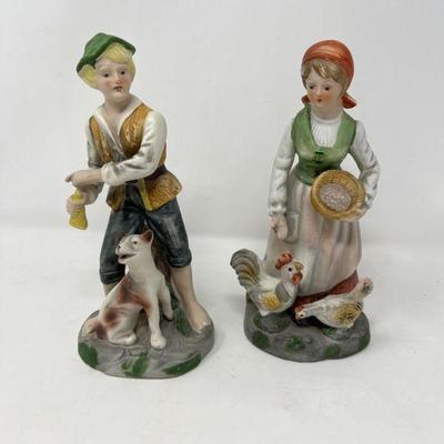 28 Man Dog and Woman & Chickens Bisque Figures