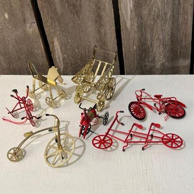67 red and brass wire bicycles carriage & rocking horse