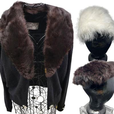 99 beverly hills fur collar sweater ostrich feather & pillbox hat