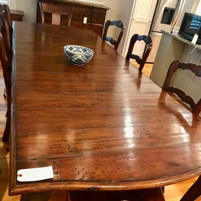 French Country dining table with2 24" leaves $499
68 X 44 X 30"
set of 6 French Country rush bottom chairs $795