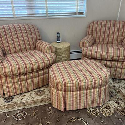 Wesley Hall custom upholstered club chairs with matching custom upholstered ottoman