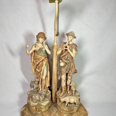 Antique Royal Dux bisque shepherd and shepherdess figural lamp, 23”