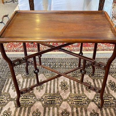 19th c Chinese rosewood folding tray table, silver mounts, 29” x 19” x 28 1/2”