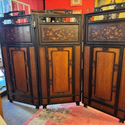 19th c Chinese 3 panel folding screen, each panel measures 32 1/2” x 74”