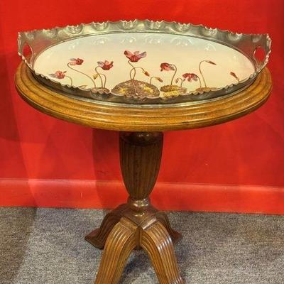 Antique c 1900 Art Nouveau Oletta (Austria) “Fairytale Flowers” pewter mounted porcelain tray on custom stand, 18” x 22 1/2” h