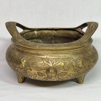 Antique Chinese Qing Dynasty Bronze censer, dragon design, seal on bottom, old repaired burn hole, 6 5/8” diameter