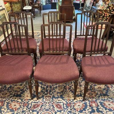 Set 6 English Hepplewhite dining chairs, square back rest with bow front seats resting on reeded turned legs, 21” x 21” x 35 1/2”