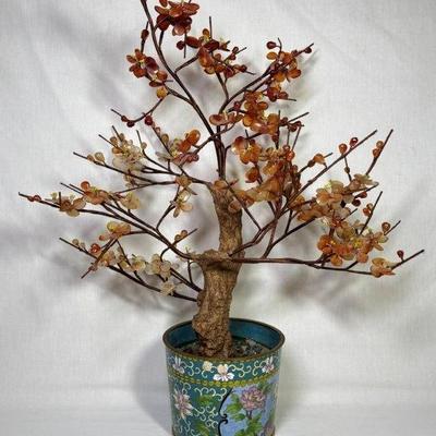 Chinese jade tree in cloisonne pot, 20”, 6 1/2 diameter pot
