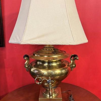 Sale Photo Thumbnail #171: Antique brass samovar lamp conversion, silk shade, 28 1/2” h