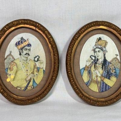 Pair of framed Mughal Shah Jahan and Mumtaz Mahal miniatures hand painted on bone, Shah Jahan built the Taj Mahal as a memorial to Mumtaz...