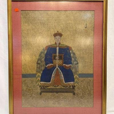 Vintage Chinese silk painting depicting Kangxi Emperor in court robe, Qing Dynasty, Kangxi Period, 23 ½ ‘ x29 ½”