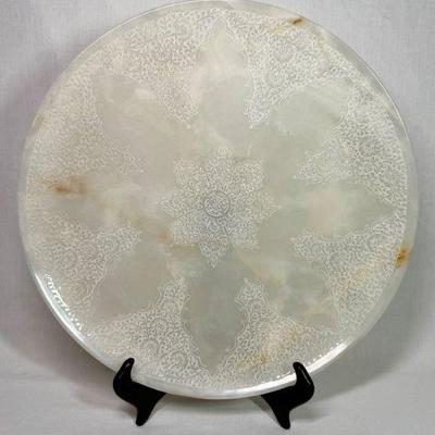 Mughal hand engraved white nephrite plate, 12” diameter, gift from the government of India