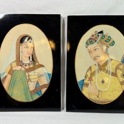 Pair of Mughal lacquer paintings on panels of Shah Jahan and His wife Mumtaz Mahal, 8” x 11”