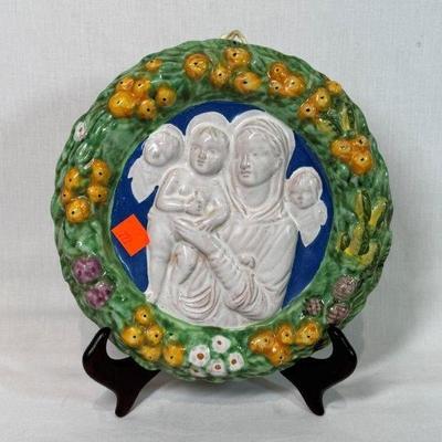 Italian handcrafted terracotta Della Robia Madonna and Child wall plaque, 8”