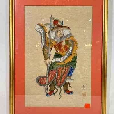 Framed Chinese Warrior watercolor and ink on rice paper, signed, red seal mark, 15” x 20”