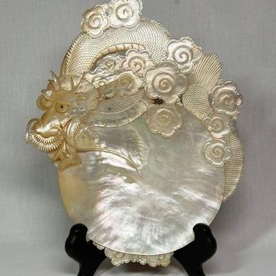 Vintage “Dragon and Pearl” carved mother of pearl shell, 8 1/8” x 7”