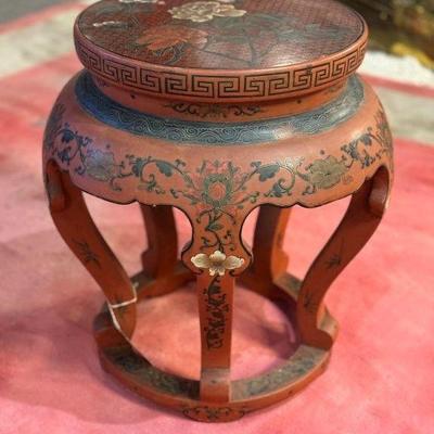 Chinese tooled red lacquerware stool/stand, 16” x 19”
