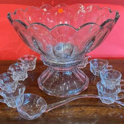 Heisey “Colonial” punch bowl on stand, glass ladle and miscellaneous punch cups