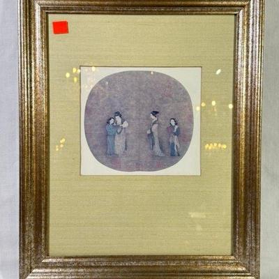 Framed Chinese album leaf paint print titled “Drinking Tea” Zhou Wenju 10th century Tang Dynasty, 14” x 17”