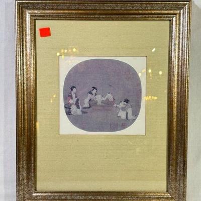 Framed Chinese album leaf painting print painting titled "Palace Ladies Bathing Infants" from the Song Dynasty (960–1279), 14”...