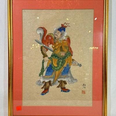 Framed Chinese Warrior watercolor and ink on rice paper, signed, red seal mark, 15” x 20”