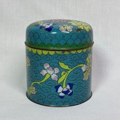 Vintage Chinese cloisonné round humidor box, early 20th century, marked CHINA in blue enamel on bottom, 3" x 3 3/8" h
