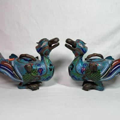 Sale Photo Thumbnail #53: Pair of Chinese cloisonné duck censers, early 20th century, 11” x 8 1/4”