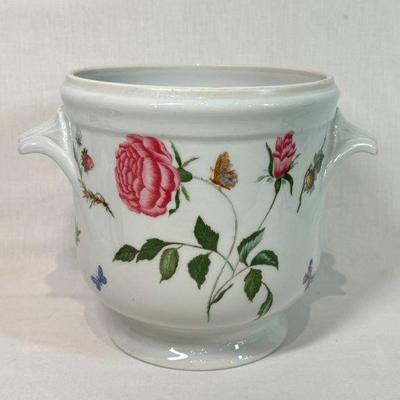 Sale Photo Thumbnail #169: Raynaud Ceralene Limoges France MON HARDIN flowers porcelain cache pot, 7” x 9 2/2”