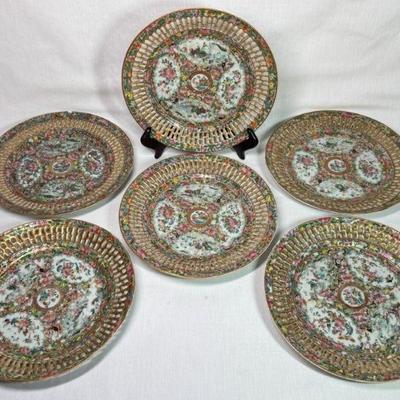 Set of 6 19th century Chinese Export Canton Rose reticulated plates, 8”, est $600-$800