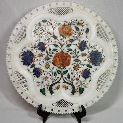 Mughal Pietra Dura gemstone inlaid marble plate, 13”