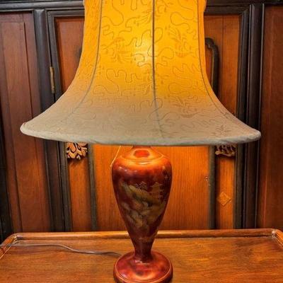 Vintage Marino lacquerware lamp, Occupied Japan, period silk shade, lamp was bought new in Japan at the end of WWII and never unpacked, 22”