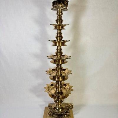 Antique restored bronze Hindu Kerala Temple Thattu Vilakku (stepped oil lamp) or Deepasthambham, turtle and cow motif, extremely heavy,...