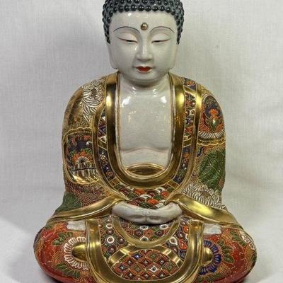 Sale Photo Thumbnail #97: Antique Japanese Satsuma hand painted and decorated porcelain Buddha sculpture, large size 9” x 12”