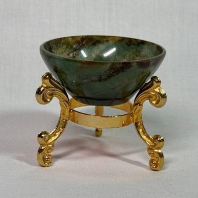 Carved Spinach Jade miniature bowl on brass stand, 2” diameter