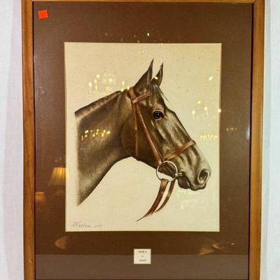 “Kayak” by Wallace framed race horse watercolor pencil signed Wallace N197, 21 1/2” x 27”