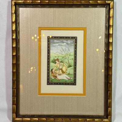 Framed Mughal watercolor on bone, 10 3/4” x 13”