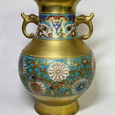 Antique Japanese champleve vase, 12”