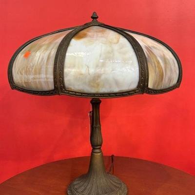 Antique slag glass lamp, cracked panel, 19” diameter