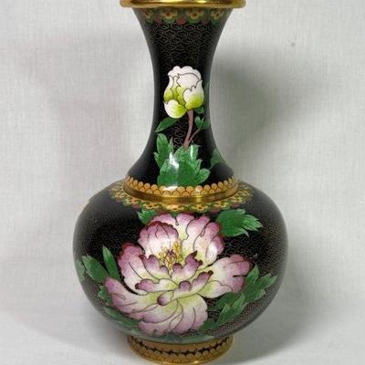Chinese Cloisonne vase, black ground, 10”