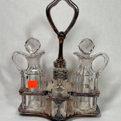 Antique R Wallace silverplate USA Transport Service cruet set, complete, 7” x 10 1/2”