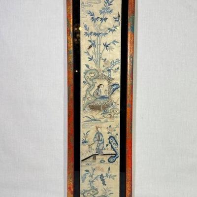 Framed antique Chinese Forbidden Stitch embroidery on silk sleeve cuff , 19th c, 5 1/2” x 20 1/2”