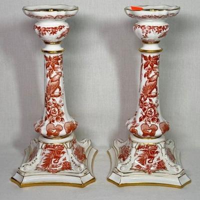 Pair of Royal Crown Derby “Red Aves” bone china candlesticks, 10 1/2”